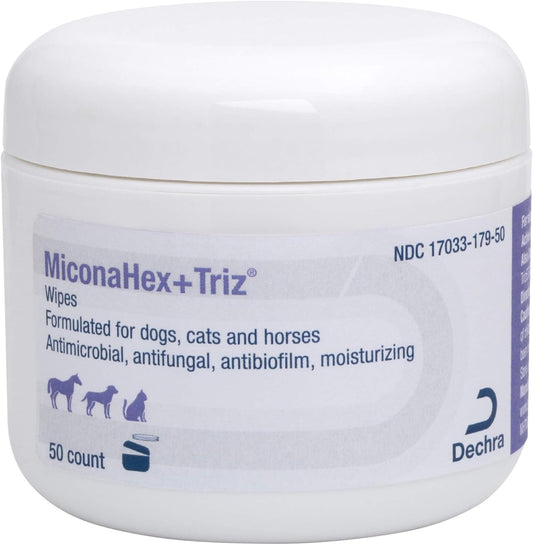 MiconaHex+Triz Medicated Pet Wipes 50 count jar front view for dog skin infection treatment