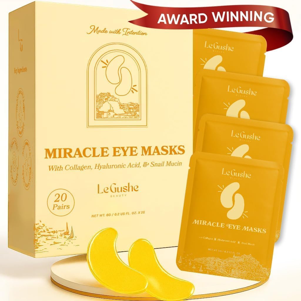 LE GUSHE Gold Under Eye Patches front view packaging showing twenty pairs of gold hydrogel masks.