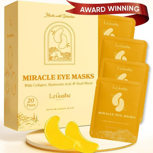 LE GUSHE Gold Under Eye Patches front view packaging showing twenty pairs of gold hydrogel masks.