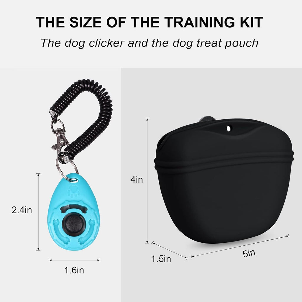 Black silicone dog treat bag with magnetic closure clip highlighting one handed reward dispensing