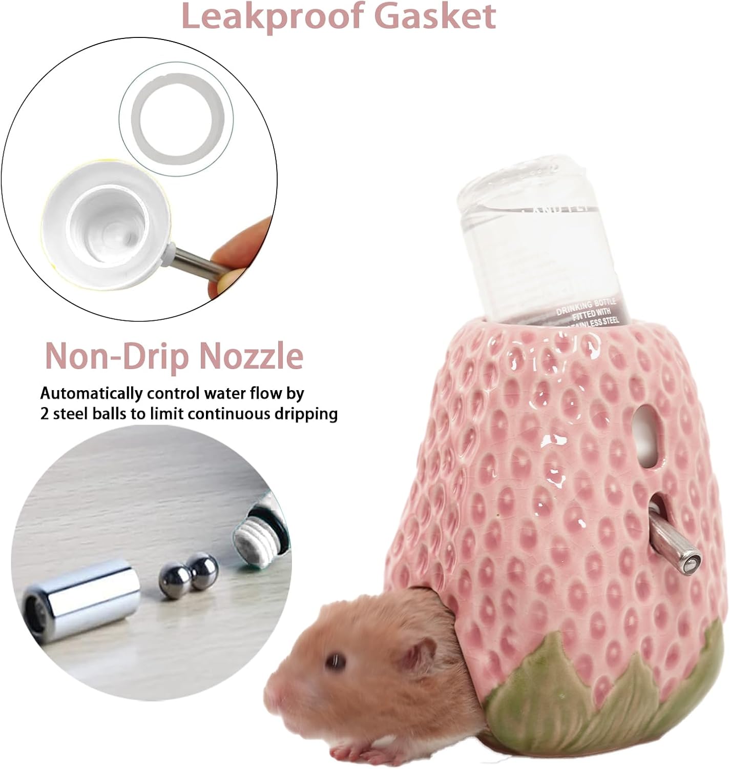 Hamster Water Bottle, Strawberry Ceramic Hamster Gerbil Water Bottle for Glass Tank, Dispenser, 80ML Bottle for Water Holder Stand with 2 No Drip Caps for Syrian Mice, GerbilPink - Image 6