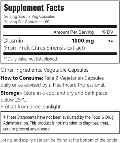 Two vegetable capsules of VitaCosmoX diosmin next to the product bottle.