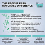 Regent Park Naturals Appalachian Secret soap bar with peppermint and bentonite clay ingredients highlighted