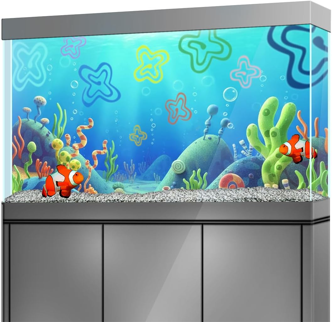 Self adhesive fish tank backdrop poster being applied to the back glass of a five gallon aquarium to conceal wires.
