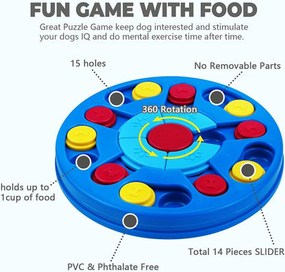 Blue and red interactive dog puzzle toy with treat compartments