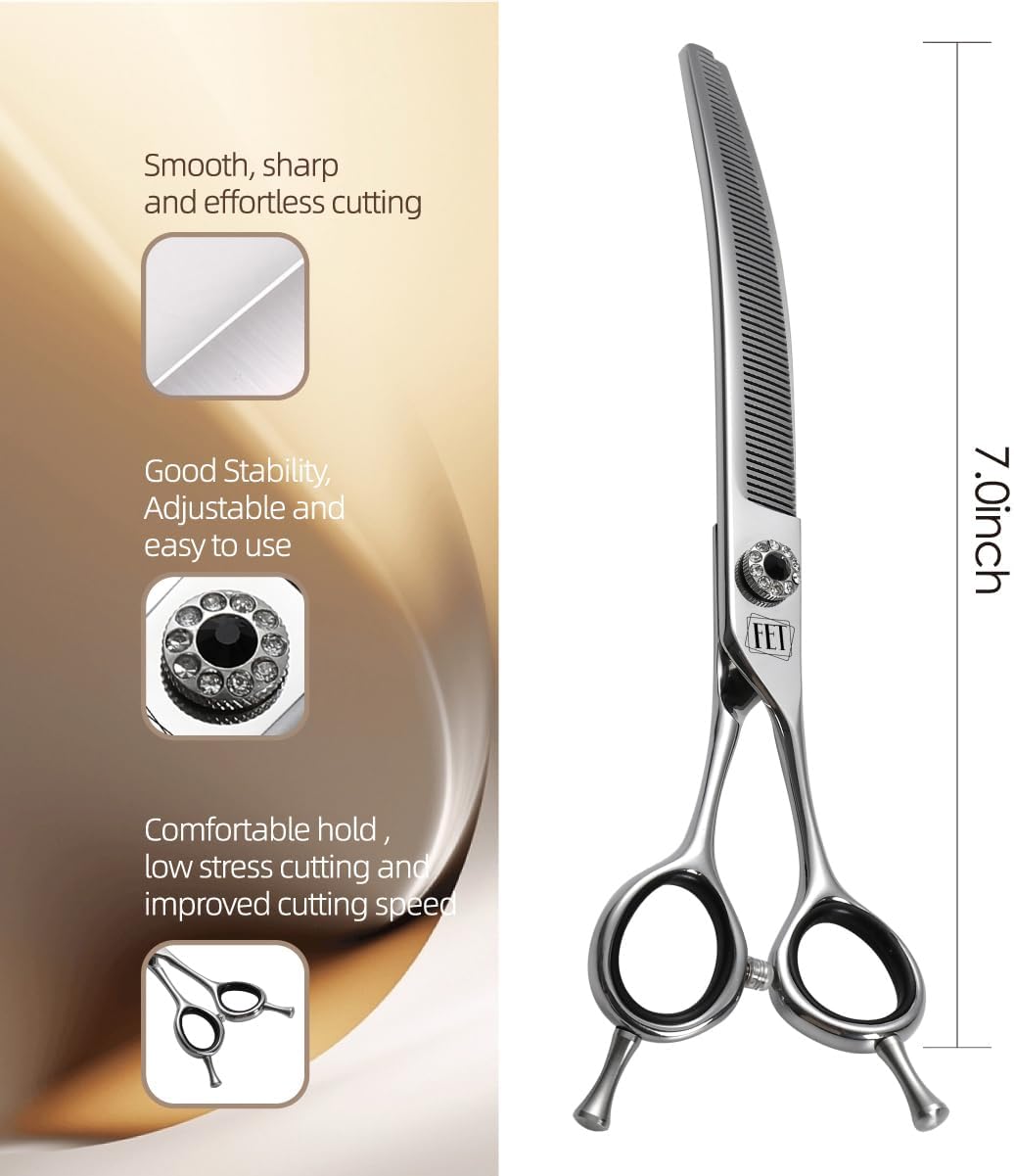 DRGSKL curved pet thinning shears being held for grooming demo