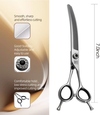 DRGSKL curved pet thinning shears being held for grooming demo