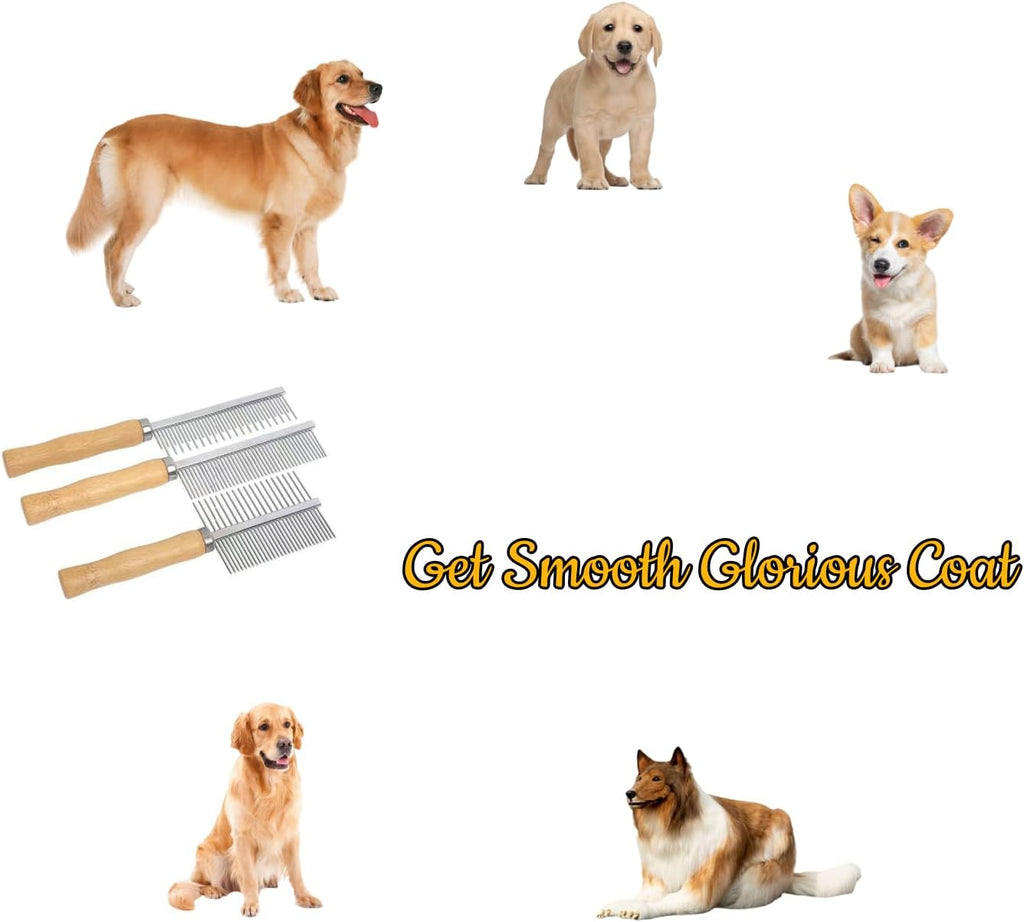 Three different sizes of the wooden handled pet grooming tools laid out sequentially