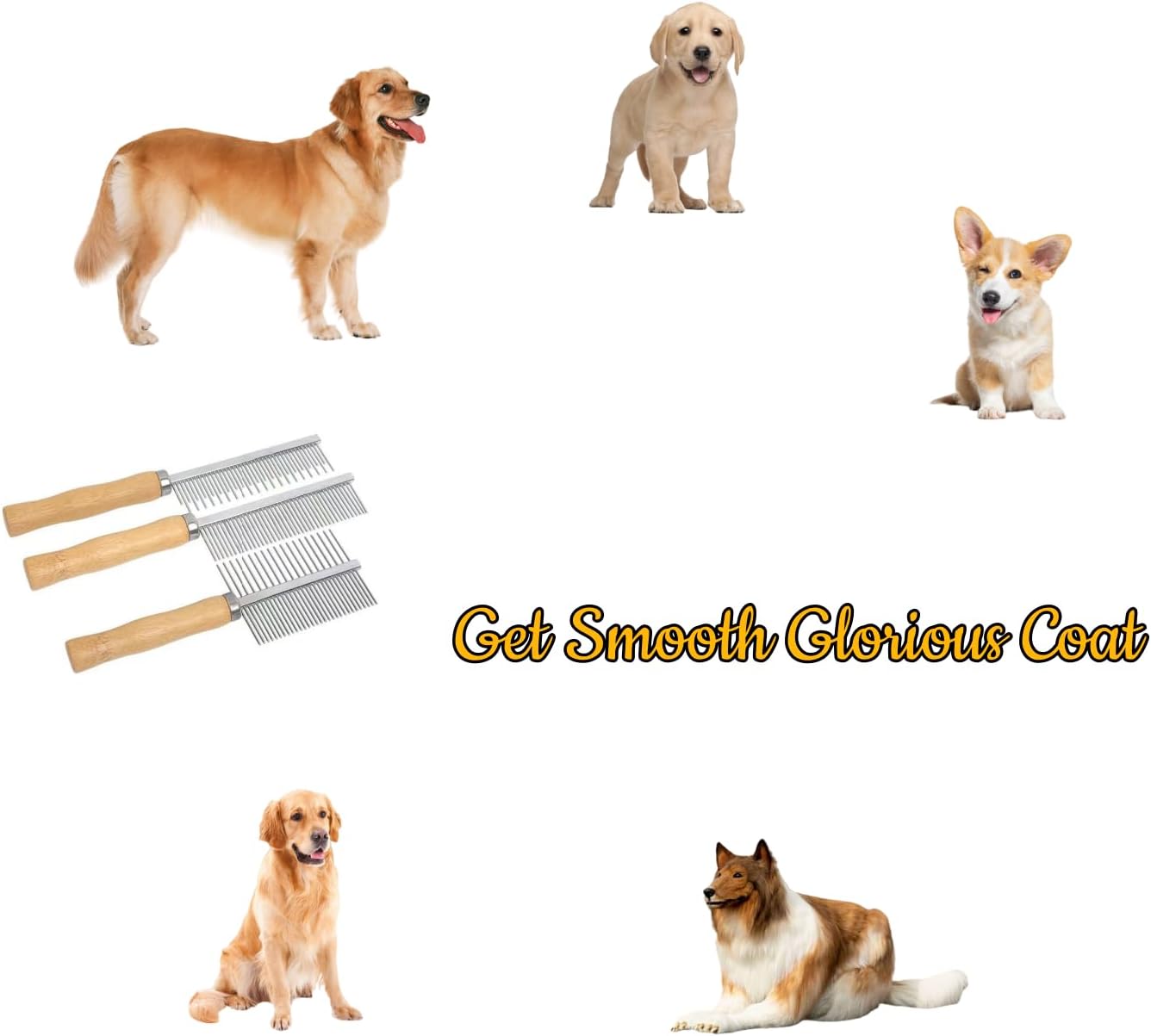 Three different sizes of the wooden handled pet grooming tools laid out sequentially