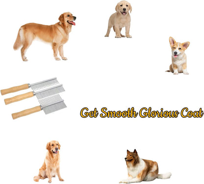Three different sizes of the wooden handled pet grooming tools laid out sequentially