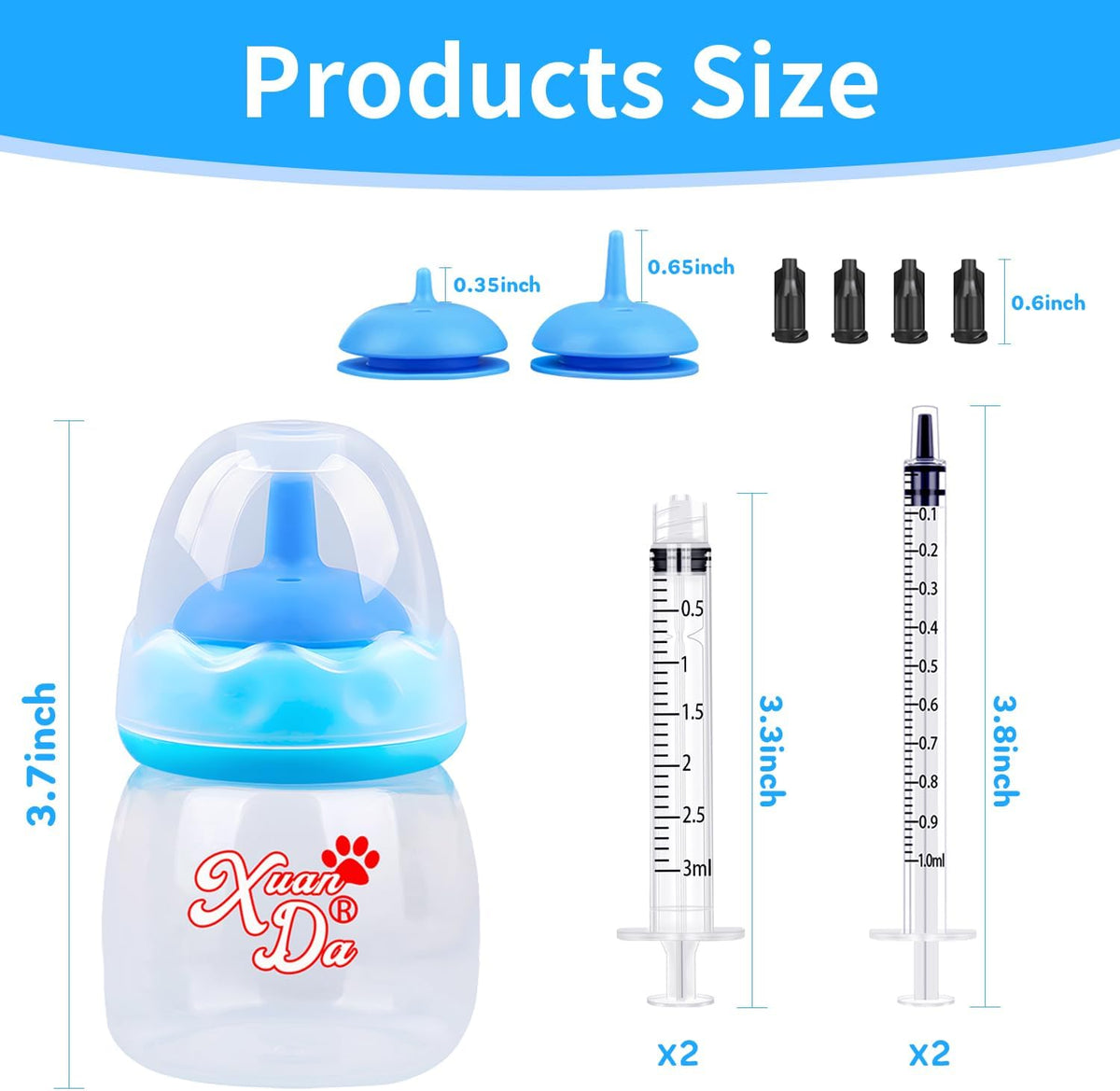Blue sixty milliliter pet nursing bottle showing clear scale markings and anti colic valve.