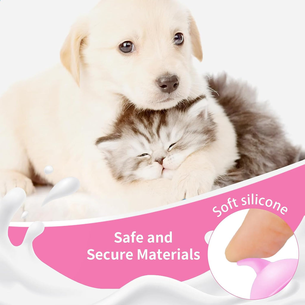 Close up view of the soft silicone nipple attached to the pink pet nursing bottle.