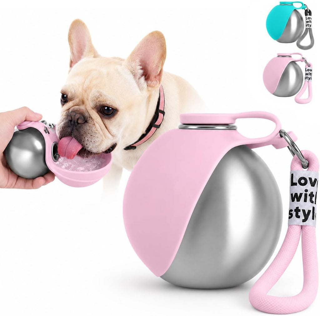 Bokynu portable dog water bottle front view showing the pink stainless steel body and folded silicone bowl.