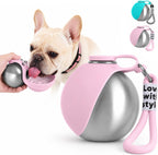 Bokynu portable dog water bottle front view showing the pink stainless steel body and folded silicone bowl.