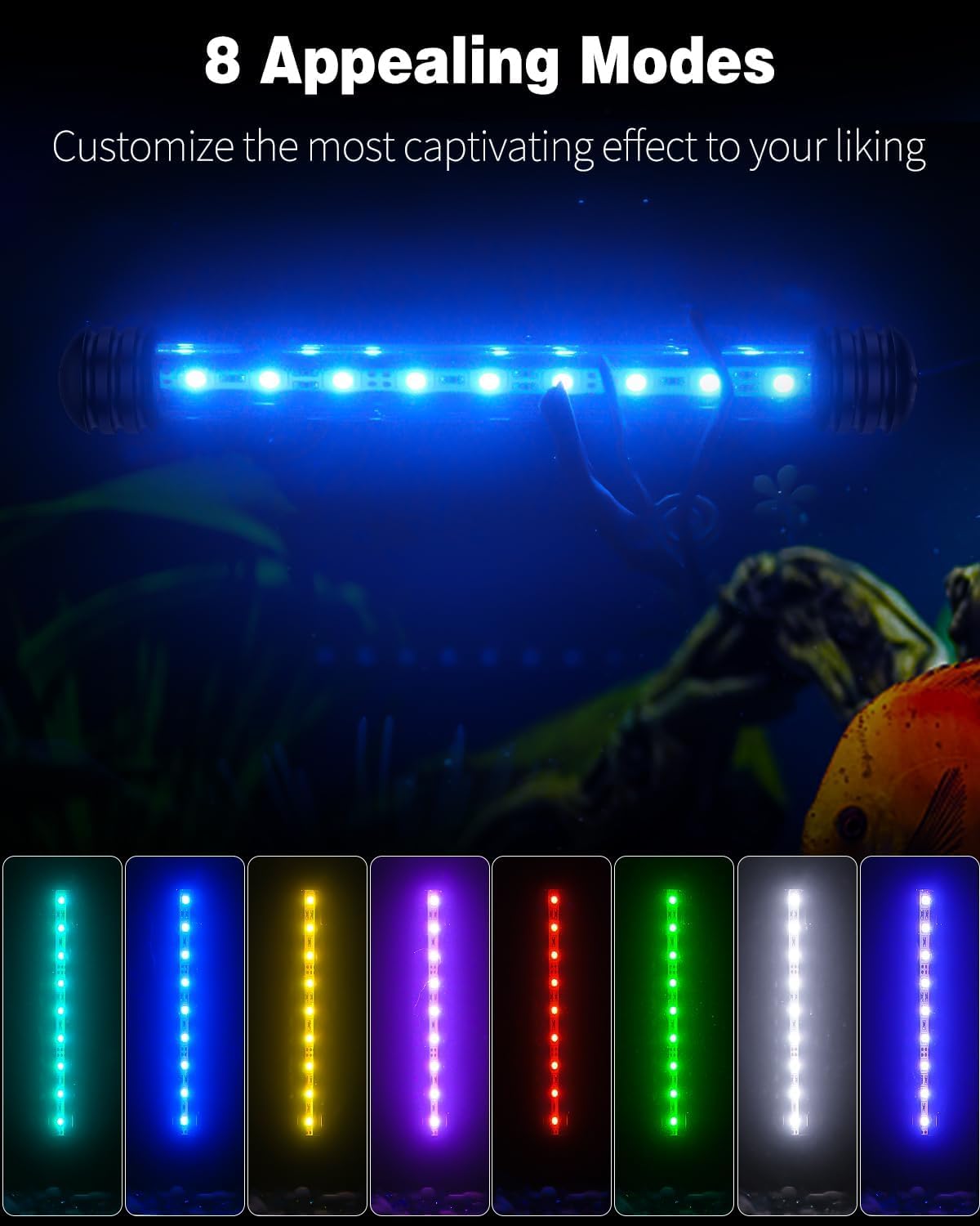 Pawfly 1.8 W Aquarium LED Light 7.5 Inch Underwater Fish Tank Light with Timer Auto On/Off Fish Tank Background Lights with 8 Lighting Modes Submersible Multi-Colored Tube Lights for Decoration - Image 2