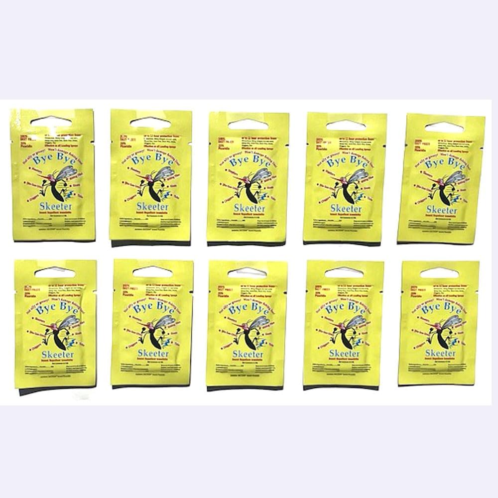 Bye Bye Skeeter Insect Repellent Towellette Wipes front packaging showing ten pack count