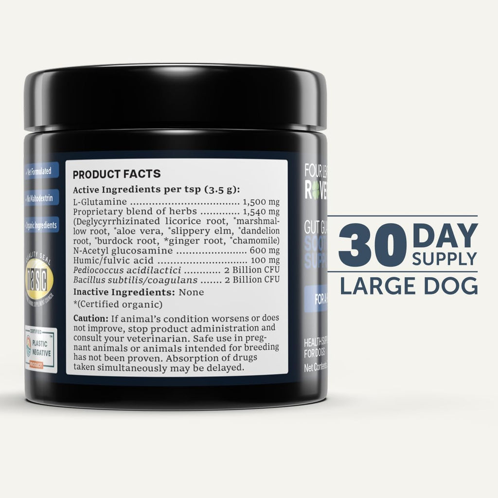 Organic ginger and marshmallow root ingredients for dog stomach soothing.