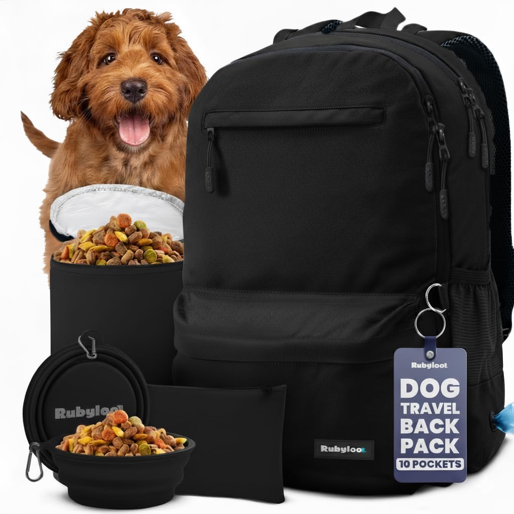 Dog Travel Bag for Supplies - Complete Dog Diaper Bag Backpack with 2 BPA-Free Travel Bowls, Treat Pouch, Food Container, Placemat & Laptop Sleeve - for Traveling, Road Trips, Hiking: Black-Paw Print - Image 12