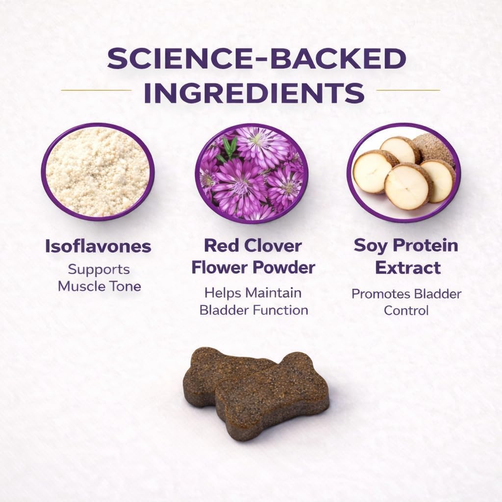 Bite sized chicken flavored soft chews for spayed and senior female dog incontinence support.