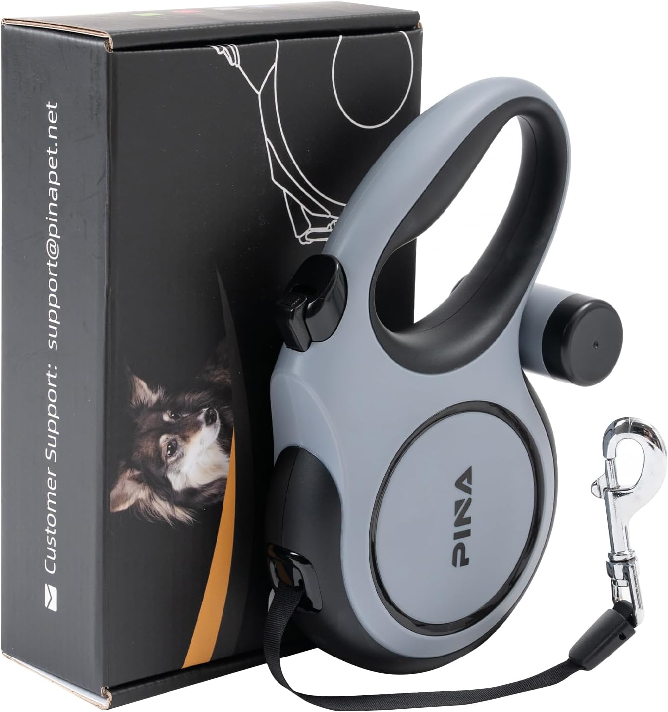Pina 26ft retractable dog leash front view showing handle
