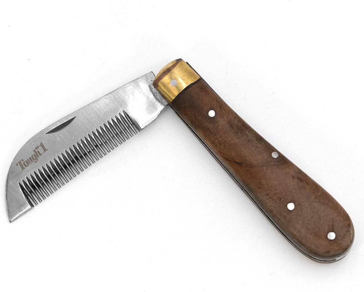 Jeffers Equine Folding Pocket Stripping Comb front view showing wooden handle and steel blade