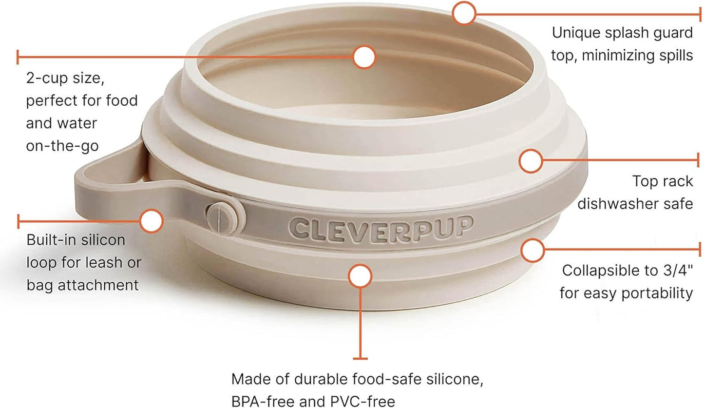 Collapsible silicone travel bowl clipped to the D ring of Cleverpup dog bag.