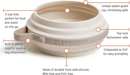 Collapsible silicone travel bowl clipped to the D ring of Cleverpup dog bag.