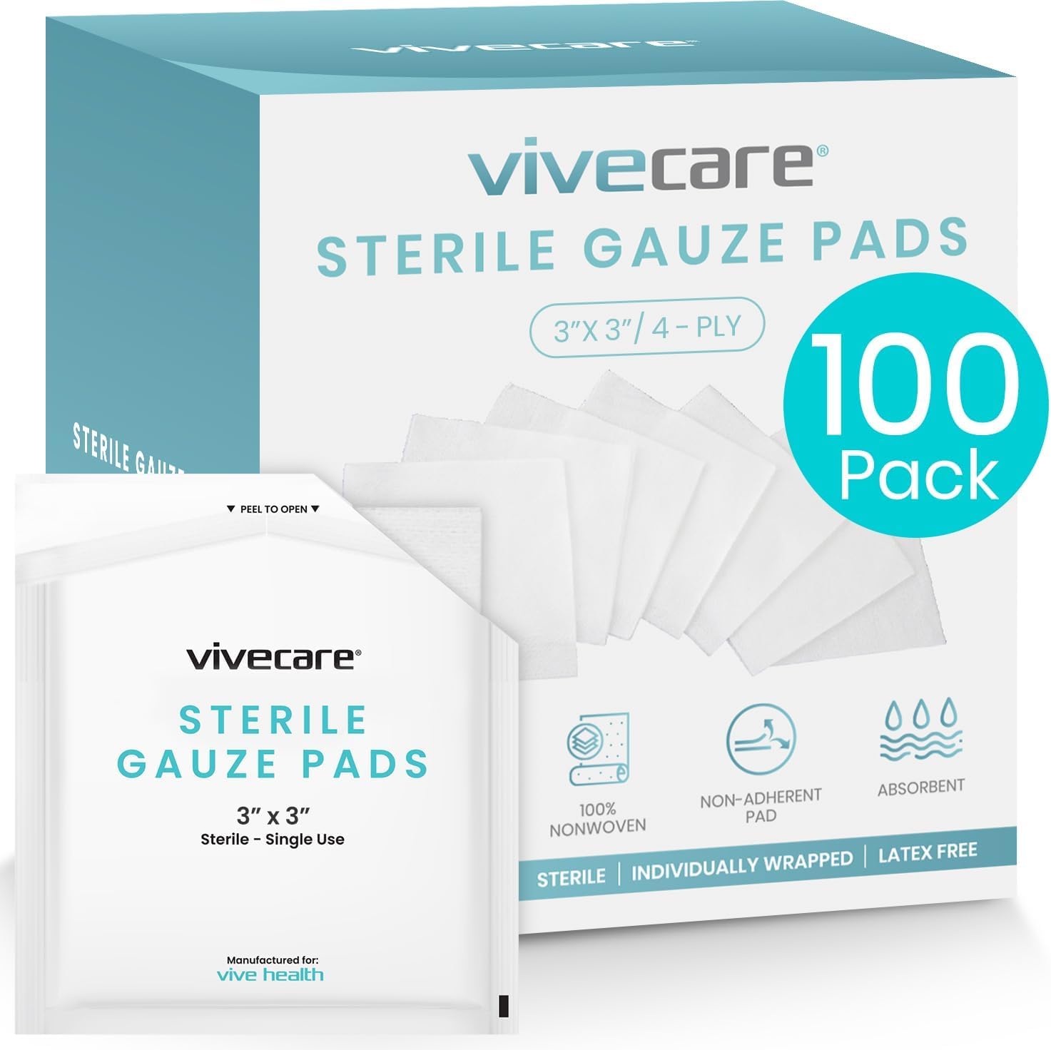 Vive Care sterile gauze pads three by three inch front view packaging box