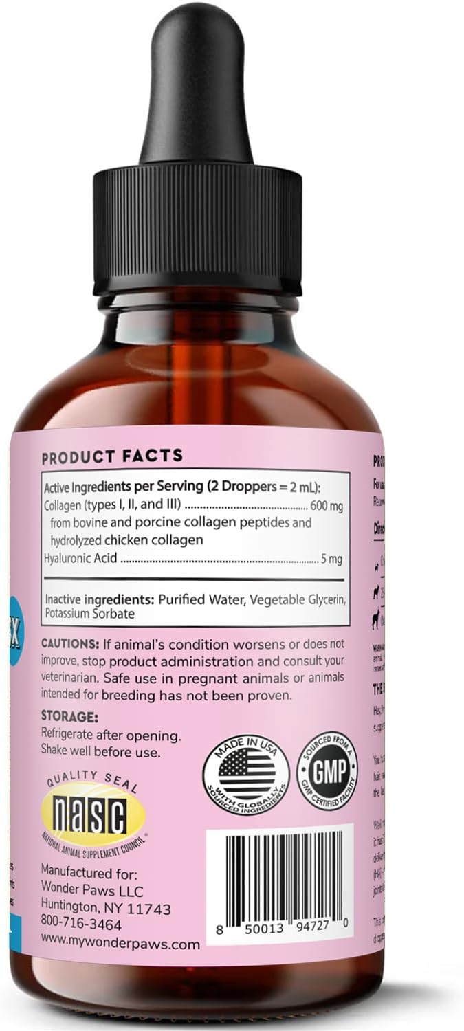 Wonder Paws superhero collagen liquid drops displayed next to healthy dog silhouette.