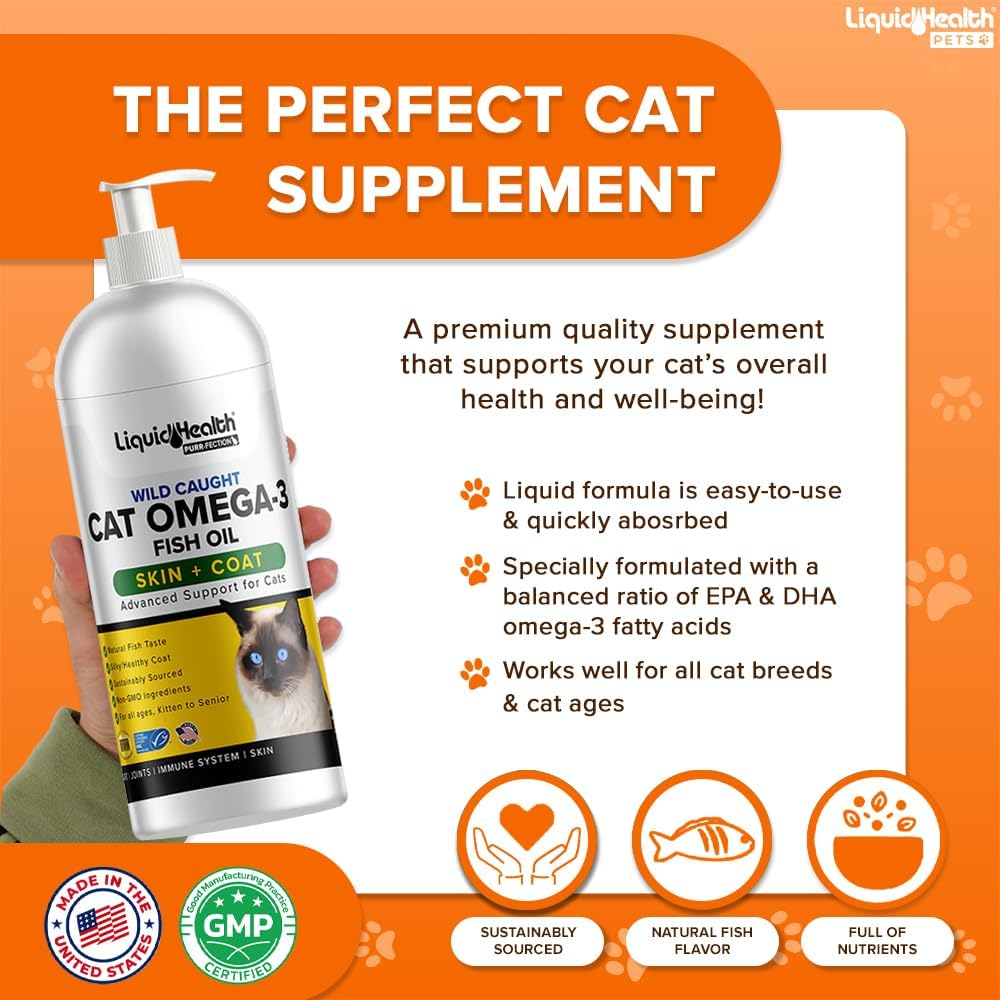 Two bottles of Liquid Health Pets wild caught cat omega 3 liquid supplement displaying USA made logo