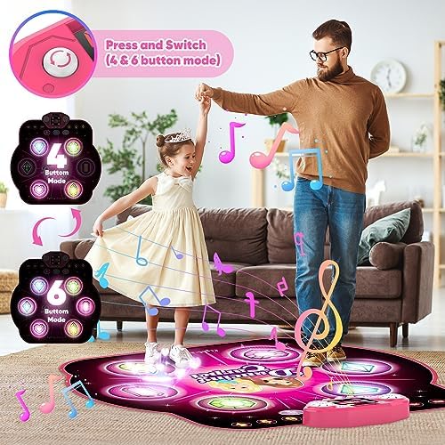 Side perspective showing the large thirty nine by forty one inch dimensions of the cushioned kids dancing pad.