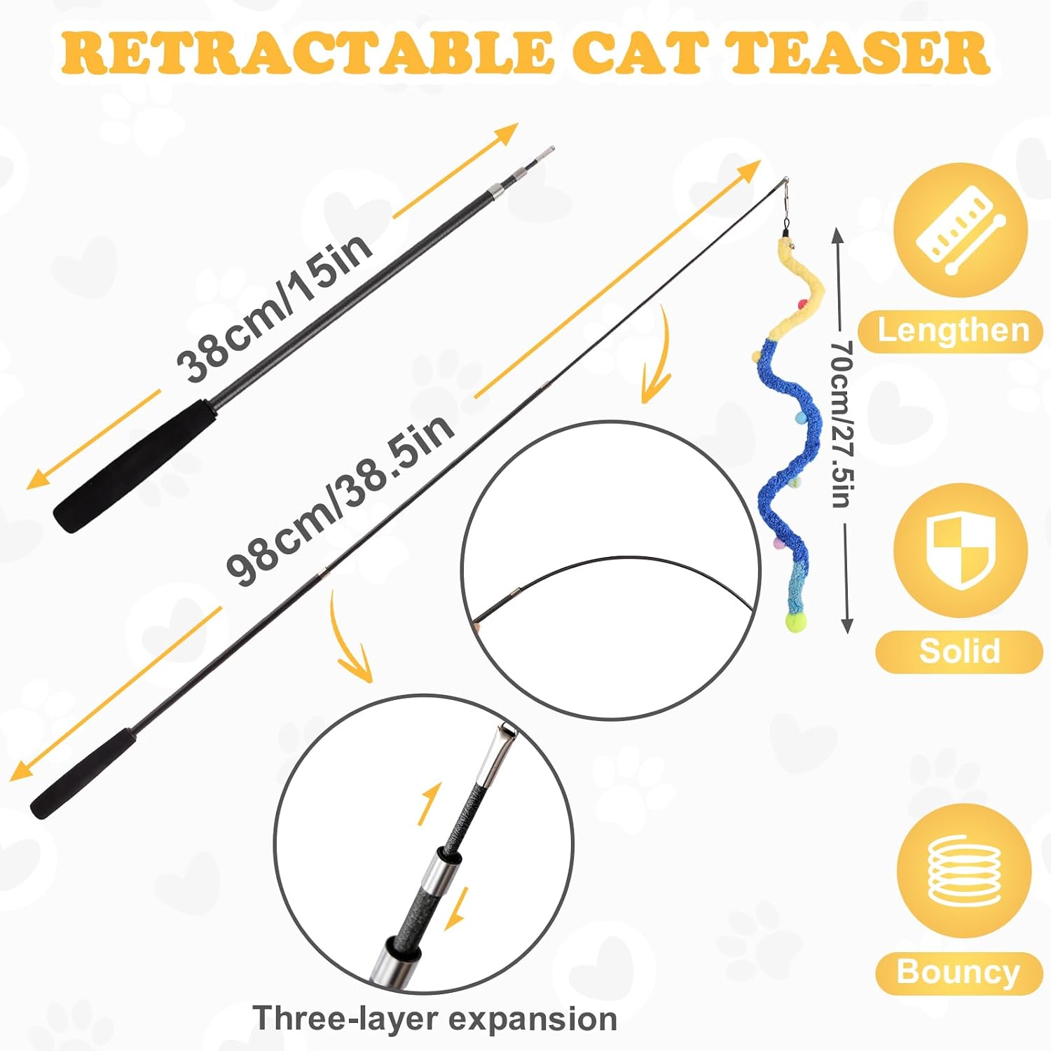 Pattepoint interactive cat teaser wand with seven multicolored plush strip refills and bells.