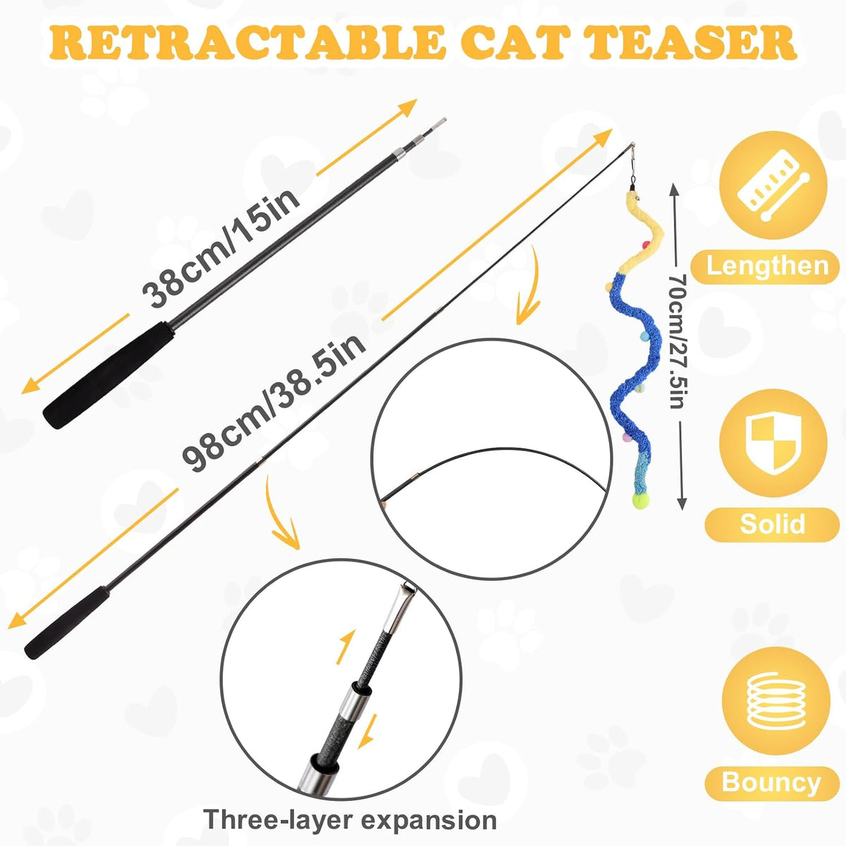 Pattepoint interactive cat teaser wand with seven multicolored plush strip refills and bells.