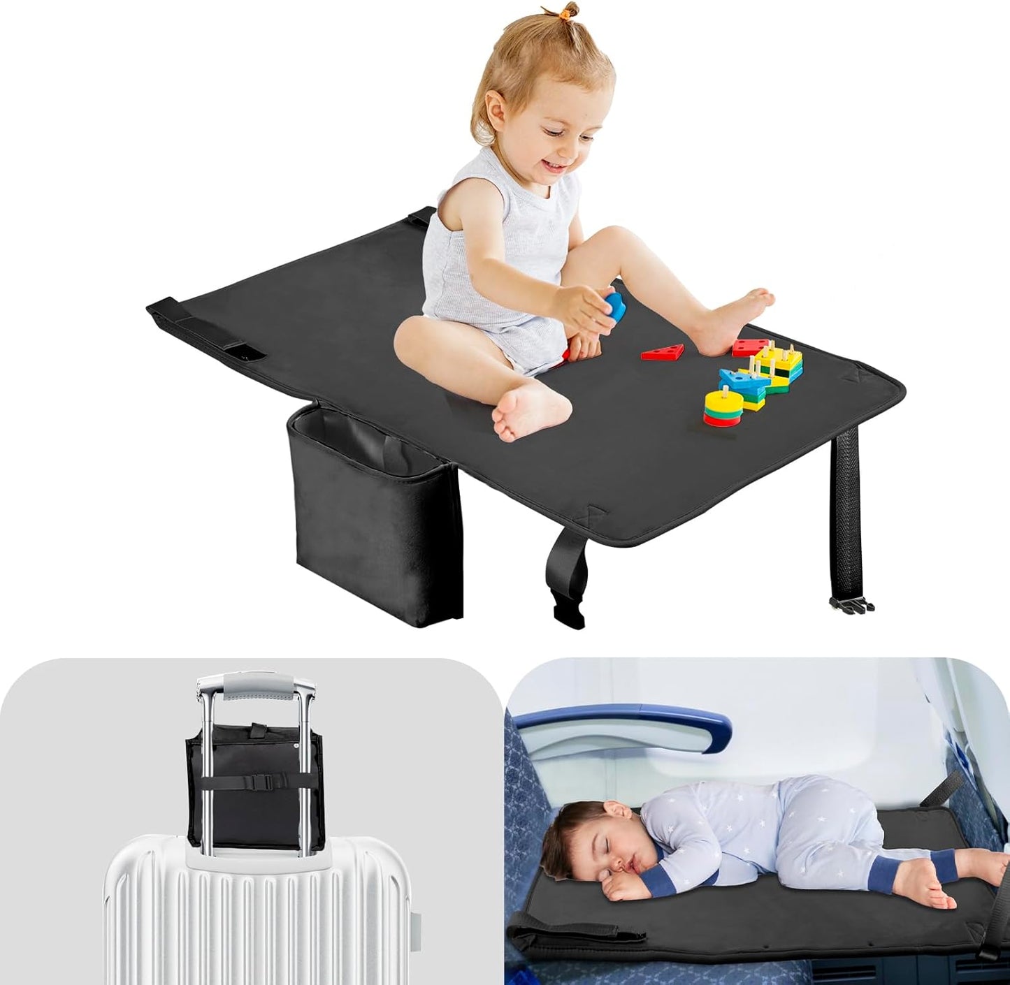 TrekBabe toddler airplane bed front view installed on an airline seat.