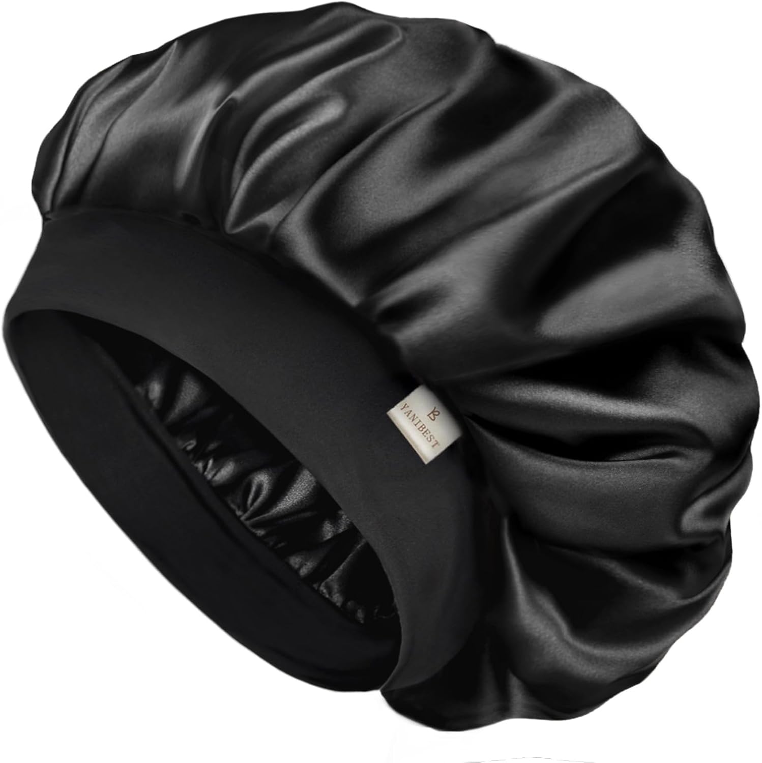 YANIBEST double layer satin hair bonnet front view in black