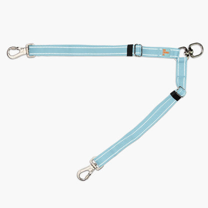 Dual dog lead coupler showing heavy duty clips and adjustable straps.
