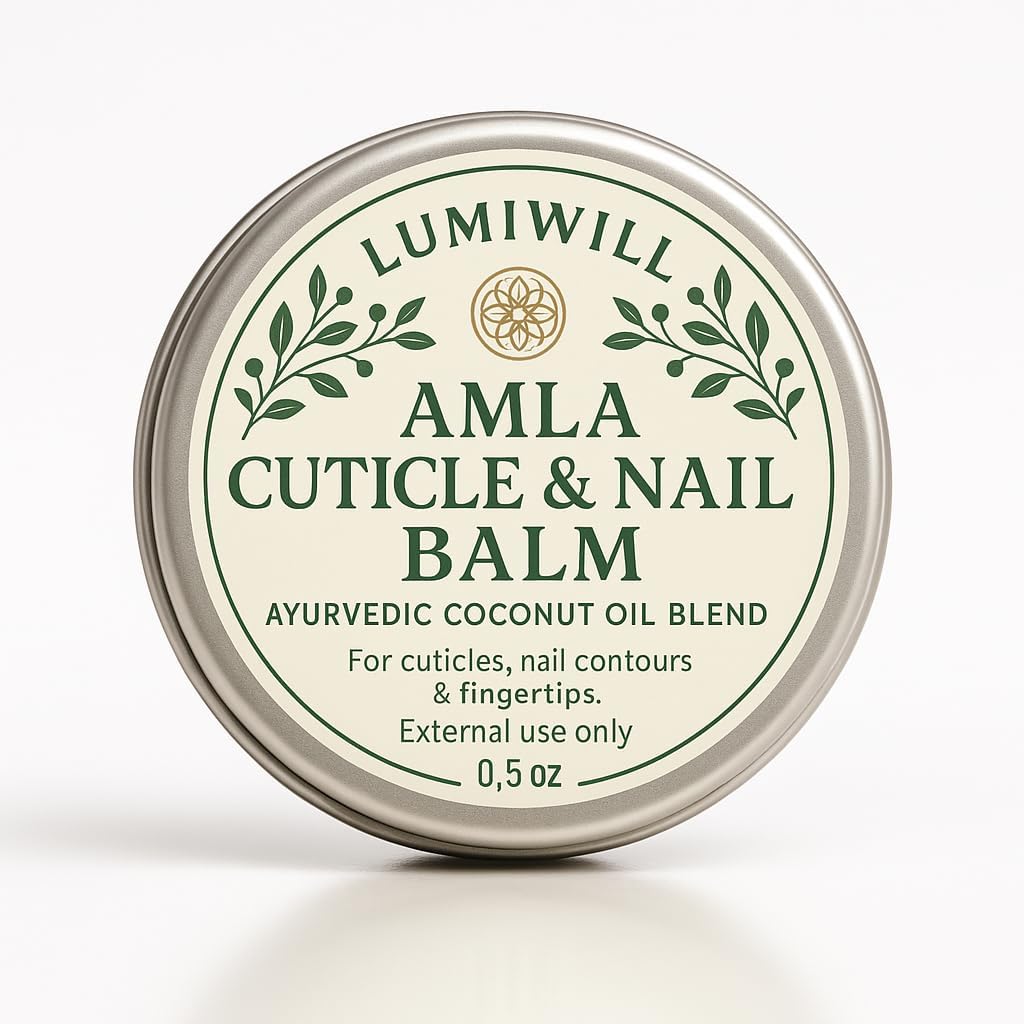LUMI WILL Amla Cuticle and Nail Balm front view of 0.5 ounce metal tin for Ayurvedic nail care.