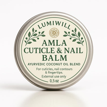 LUMI WILL Amla Cuticle and Nail Balm front view of 0.5 ounce metal tin for Ayurvedic nail care.