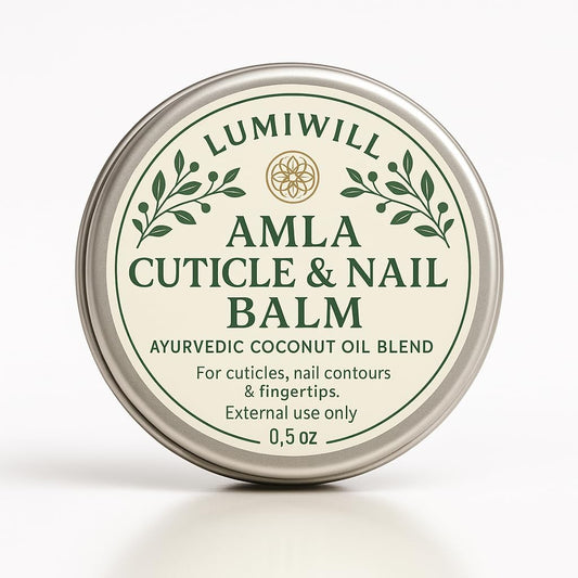 LUMI WILL Amla Cuticle and Nail Balm front view of 0.5 ounce metal tin for Ayurvedic nail care.