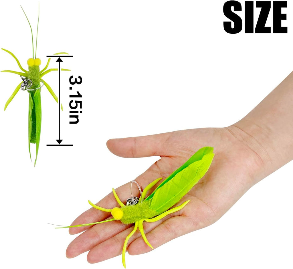 TTcat interactive grasshopper toy replacements being attached to a standard cat wand.