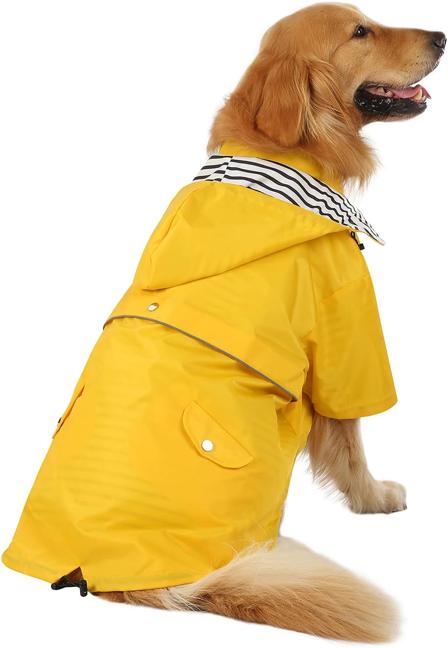 HDE pet raingear side angle showcasing the striped removable hood and secure zipper closure.