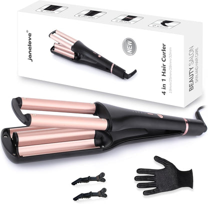 Janelove 4 in 1 Hair Crimper pink front view showcasing adjustable wave barrel mechanism