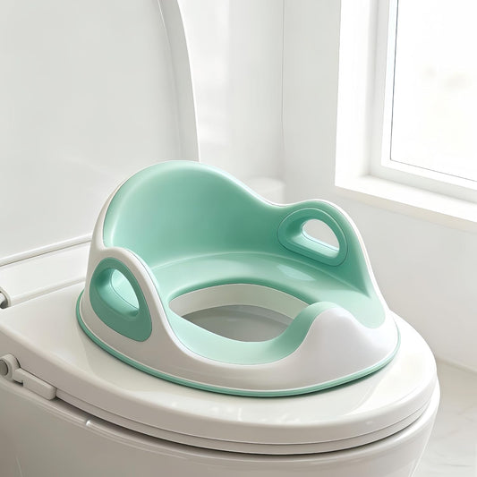 5 STAR SUPER DEALS Potty Training Seat front view showing the blue toddler toilet trainer with soft cushion and handles