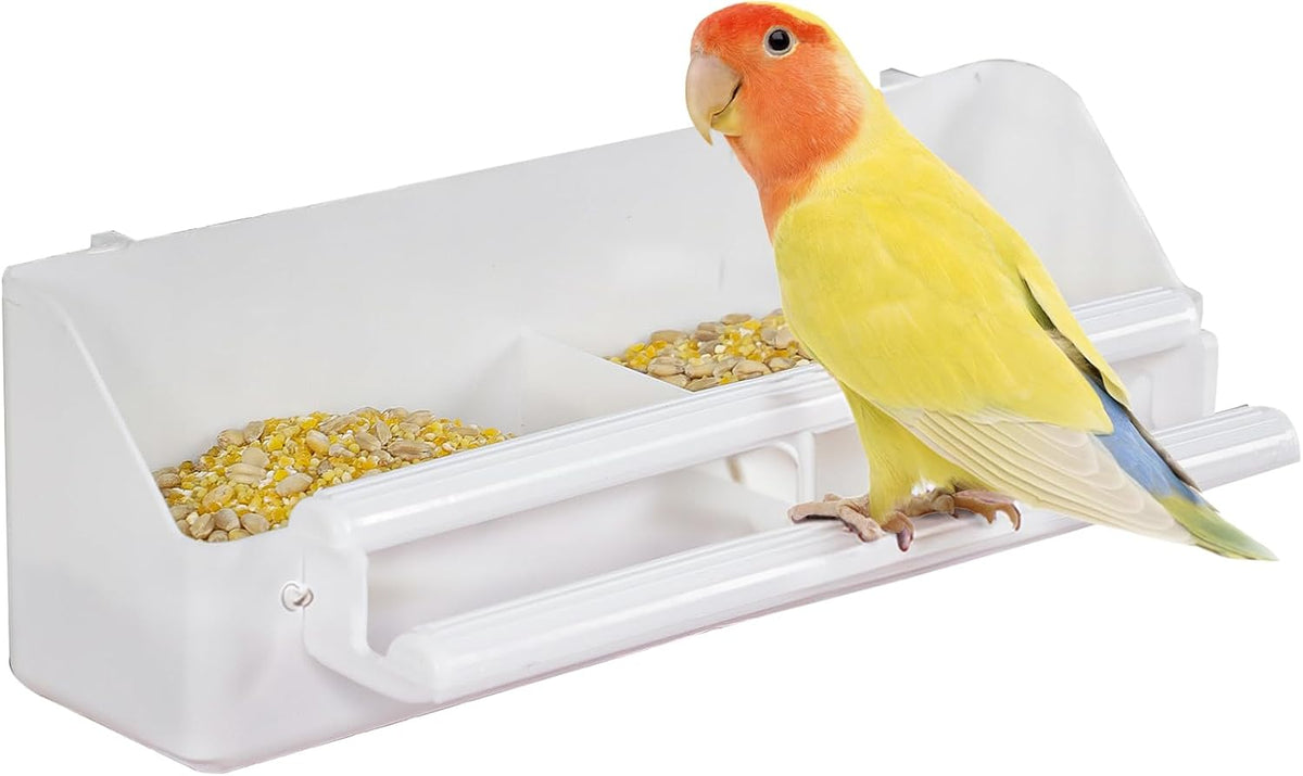 Small parakeet eating from the Pawfly plastic cage feeder