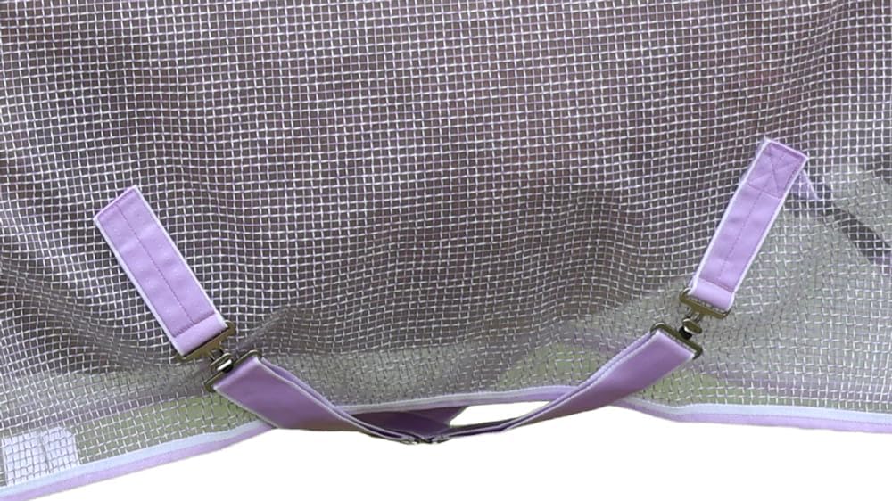 Close up view of the twin front buckles and crossed belly surcingles on the cool lyte fly sheet