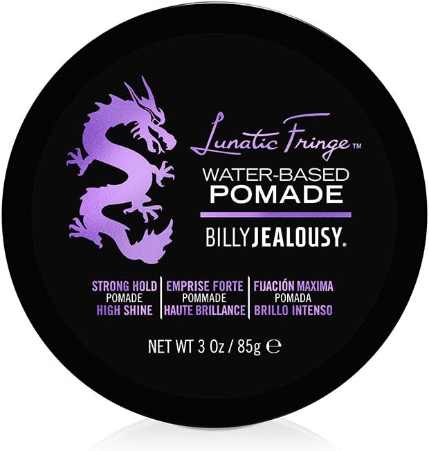 Billy Jealousy Lunatic Fringe Water Based Pomade front view of three ounce container featuring purple dragon graphic.