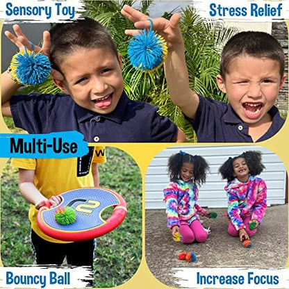 Toddler hands holding a non toxic latex free stringy ball to demonstrate safe indoor play size.
