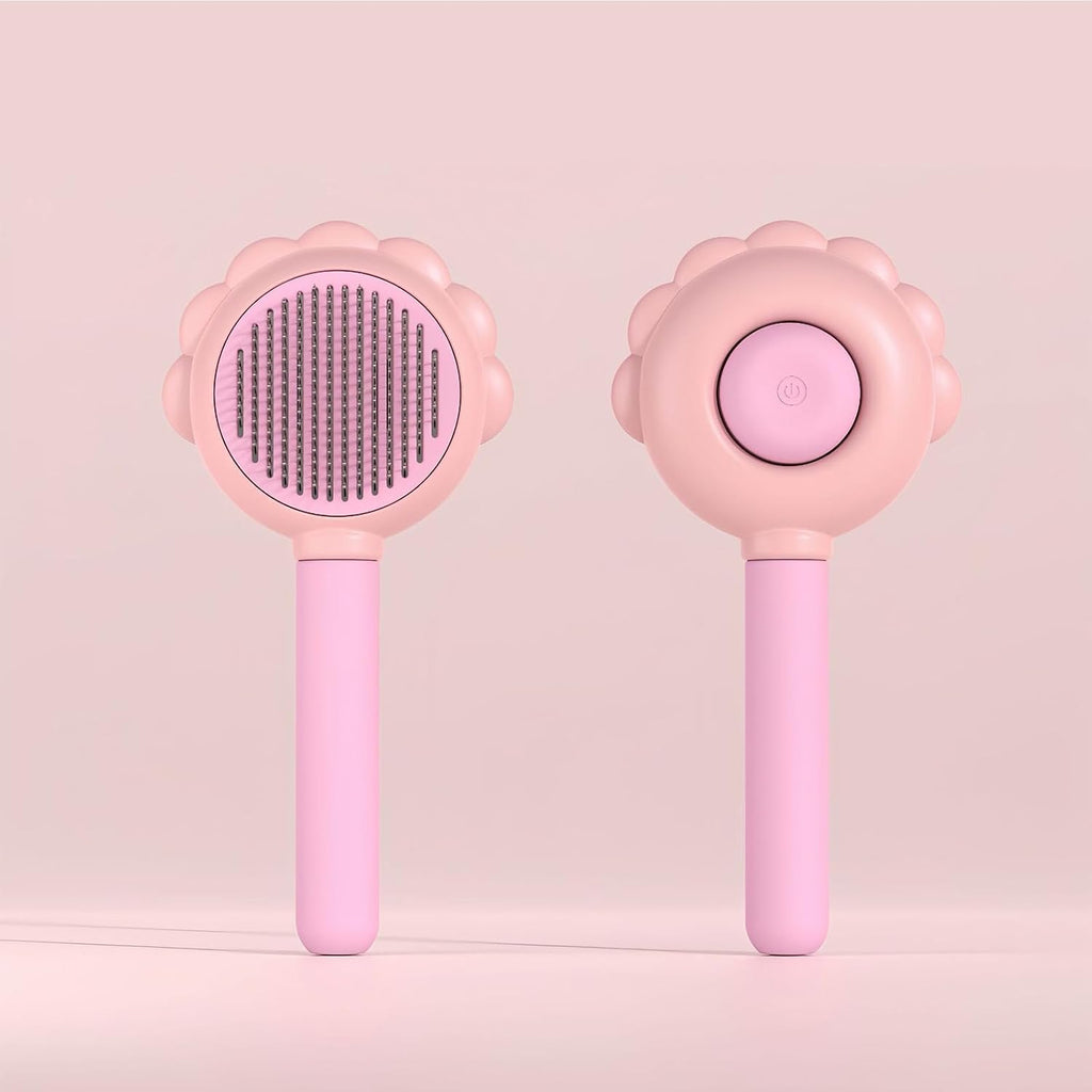 Generic Flower Pet Self Cleaning Brush front view showing pink sunflower design
