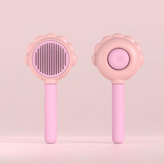 Generic Flower Pet Self Cleaning Brush front view showing pink sunflower design