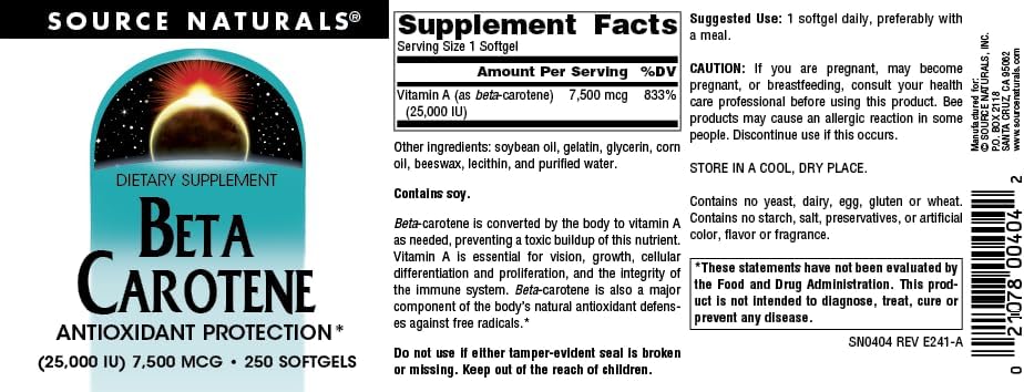 USA imported Source Naturals beta carotene dietary supplement capsule close up